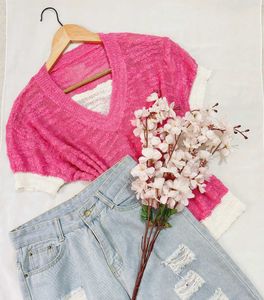 Korean Pink V-Neck Knit Top B
