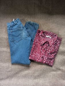 purple printed shirt and denim jean combo