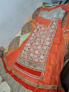 Orange Golden Embroidered Net Anarkali Gown