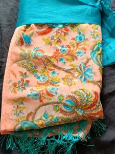 Floral Print Saree with Teal Border