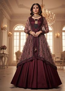 Elegant Ball Gown Maroon Dress with Heavy Dupatta