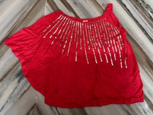 Red Sequin Embellished One-Shoulder Top