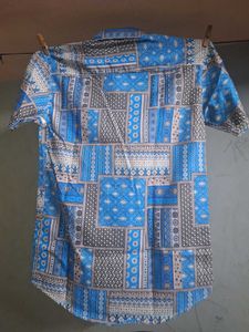 Bold Blue Patchwork Print Short-Sleeve Shirt