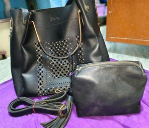 Elegant Black Studded Handbag with Pouch – Stylish