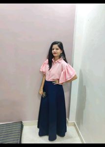 Pink Top &amp; Blue Palazzo Set