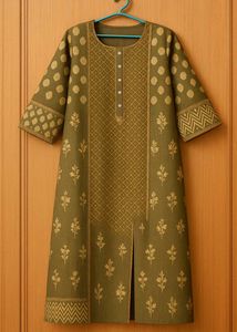 Olive Green & Gold Print Kurti