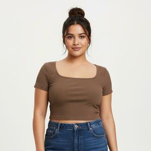 Brown Ribbed Square Neck Crop Top