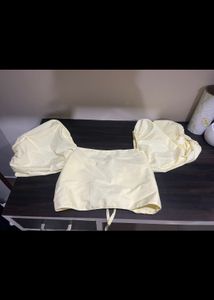 Balloon Sleeve Yellow Corset Top with lace Detail