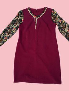 Stylish Maroon Dress with Floral Sleeves