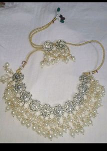 Combo Of Pearl Jewellery Set And Green Studded Se