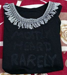 Size M Black And White Cold Shoulder Fringe Top