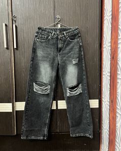 Charcoal Ripped Wide Leg Jeans