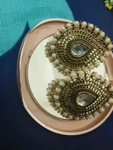 Copper Earrings With Stone In Between , White Beed