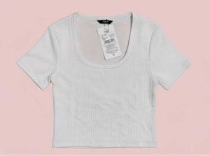 Chic White Ribbed Short Sleeve T-Shirt