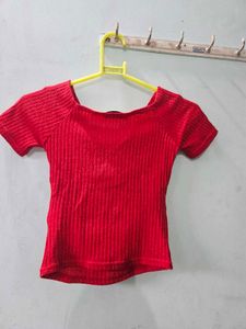 Red Ribbed Wrap Top