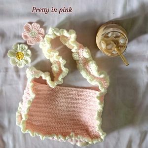 Pink Crochet Ruffle Shoulder Bag