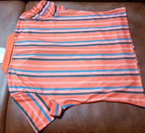 Dressberry Women Orange Striped Collar Tshirt