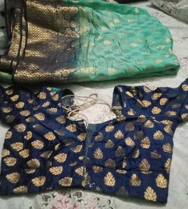 Blue &amp; Gold Sari With Designer Blouse