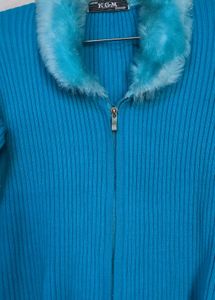 Blue Fur Trim Cardigan Jacket 🧥