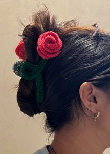 combo of sunflower and pink Rose Crochet Hair Clip