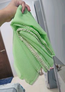 🪄Elegant Beige Embroidered Dress with Lime Green