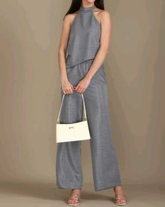 Halter Neck Textured Top with Wide Leg Pants