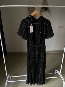 Metallic Polkadot Puff Sleeve Midi Dress