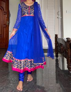 Blue Netted Anarkali Set