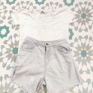 White Top With Denim Shorts Combo