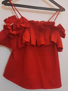 Red Ruffled Neck 4 In 1 Pattern Top