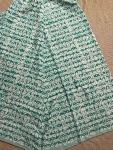 Teal &amp; White Patterned Saree