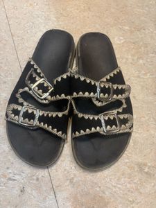 Black Embroidered Buckle Sandals