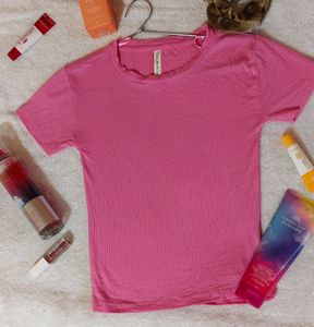 Cute Pink Ribbed Body Hugging Cropped Tee