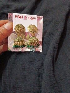 Golden Jhumka Earrings with Green Beads