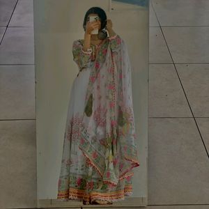 White Printed Anarkali Dress With Dupatta And Pant