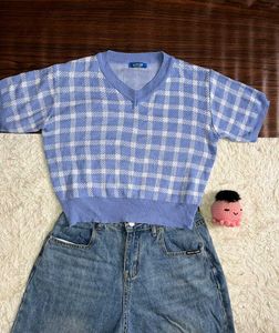 Blue Plaid Knit Top