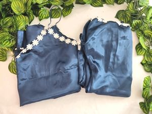Satin Blue Night Suit Set (Women)