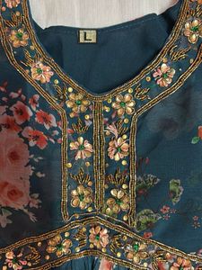 Sea Blue Floral Print Ethnic Gown