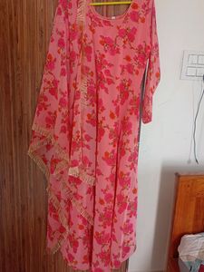 Georgette Peach Pink Long Frock With Dupatta