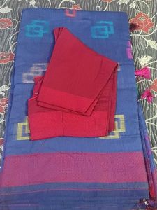 Blue & Red Cotton Saree