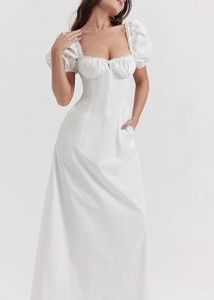 White Square Neck Puff Sleeve Tie Up Maxi Dres