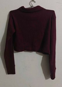 Turtle Neck Burgundy Lace-Up Crop Top Sweater