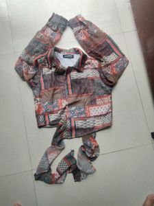 Brown And Red Geometric Printed Wrap Crop Top