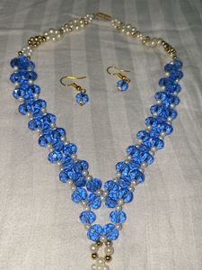 Blue Crystal & Pearl Necklace Earrings Set