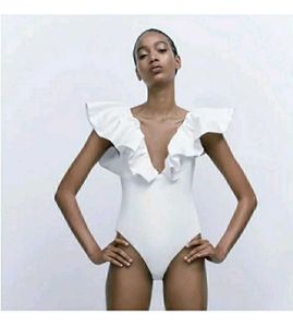 ZARA White Ruffle Bodysuit Top