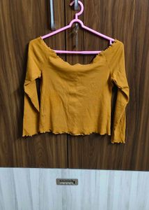 Off Shoulder, Mustard Ribbed Top