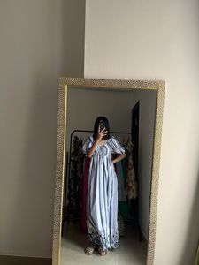 Blue Stripe Ruched Maxi With  Lace Cutwork Details