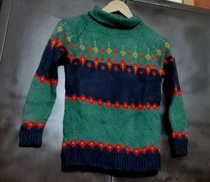 Green & Multi Printed Sweater For 4-5 Year Boy
