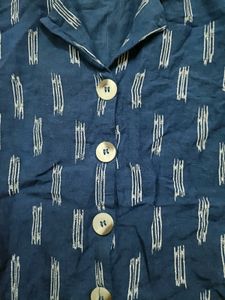 Blue Patterned Button Up Puff Sleeve Top