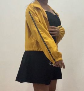 Strap Mini Black Dress Yellow Windbreaker Jacket